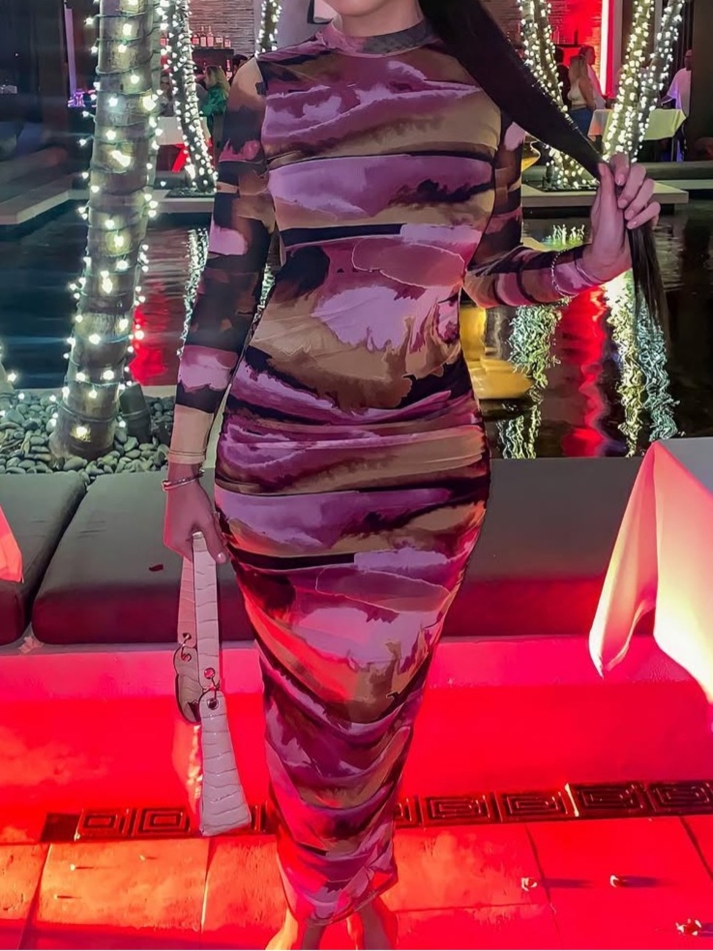 Long Sleeve Bodycon Formal Midi Dress in Multi Pink and Brown Print; Womens Smal